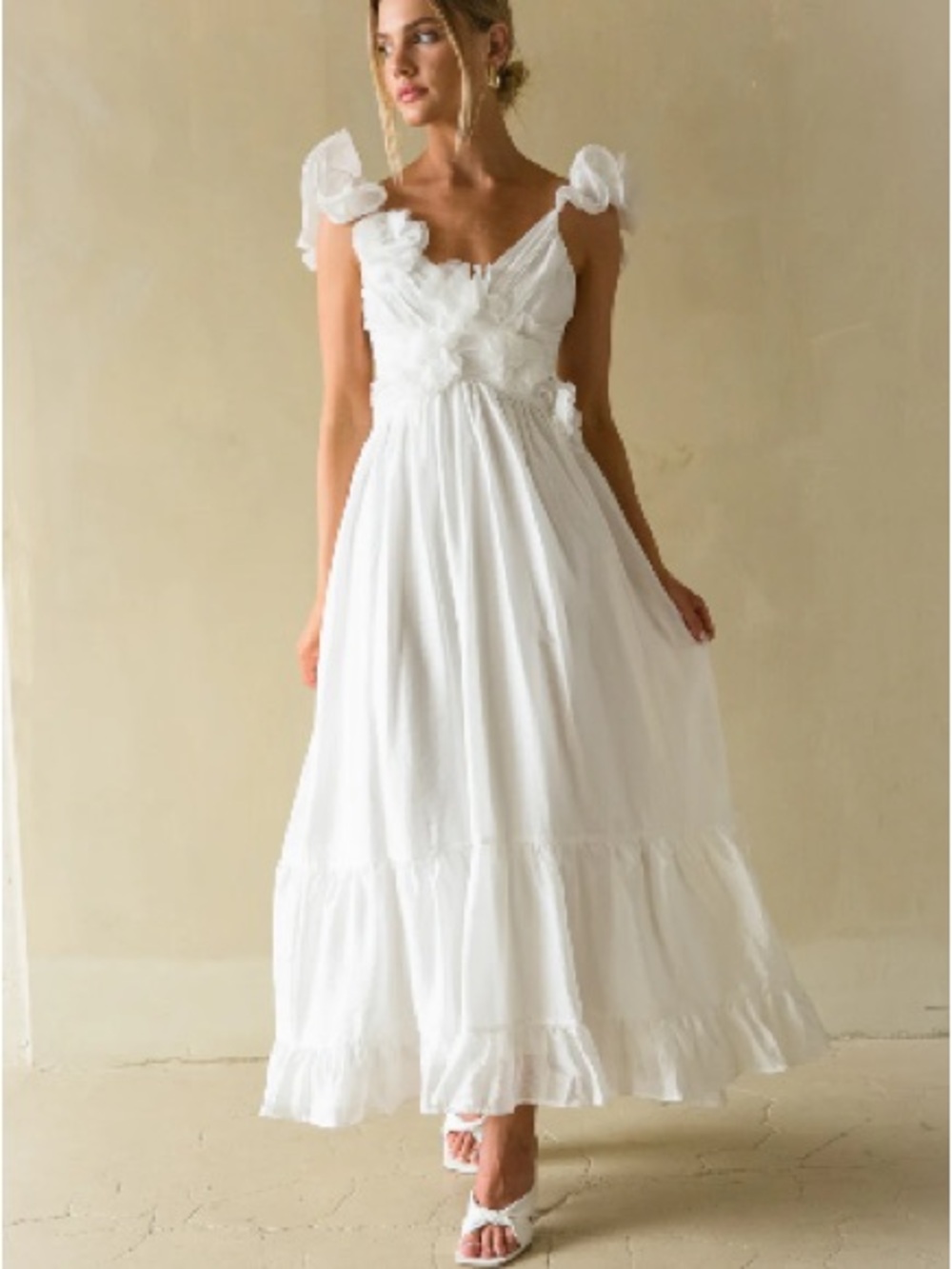 Petal & Pup White Ruffle-Shoulder Maxi Wedding Dress